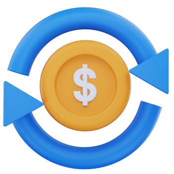 3D illustration of a yellow dollar coin surrounded by a circular blue arrow, symbolizing recurring payments, automatic billing cycles, or subscription-based financial transactions. png