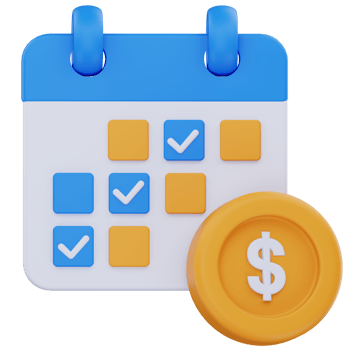 3D illustration of a calendar with checkmarks and a dollar coin, symbolizing scheduled payments, recurring billing, or planned financial transactions within a set timeframe. png