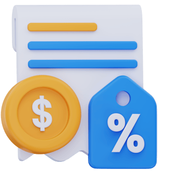 3D illustration of a receipt with a dollar coin and blue discount tag showing a percentage symbol, representing payment with promotional offers, deals, or financial discounts. png
