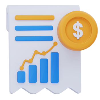 3D illustration of a financial report or receipt featuring bar and line graphs with a dollar coin, symbolizing payment analysis, transaction summary, and financial growth tracking. png