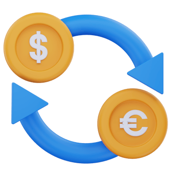 3D illustration of currency exchange with dollar and euro symbols connected by circular arrows, representing international money conversion and global financial transactions. png