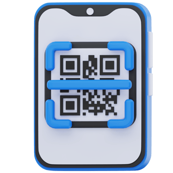 3D illustration of a smartphone actively scanning a QR code, framed with blue scanning brackets, representing a contactless payment, digital access, or mobile authentication process. png