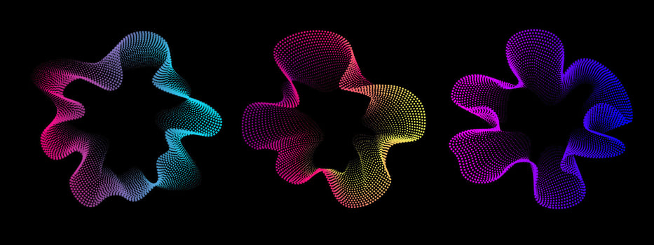 Set multicolored abstract sound dots wave oscillations. Sound curve. Digital equalizer. Colorful neon template for music poster and banner. radial spectrum. vector