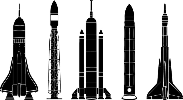 Collection of five distinct black silhouette rocket designs on a white background vector