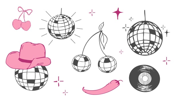 Disco ball y2k pink bachelorette party tattoo sketch. Disco ball with hat, vinyl, cherry disco set. Doodle shiny nightlife music illustration. Groovy 2000 party vector