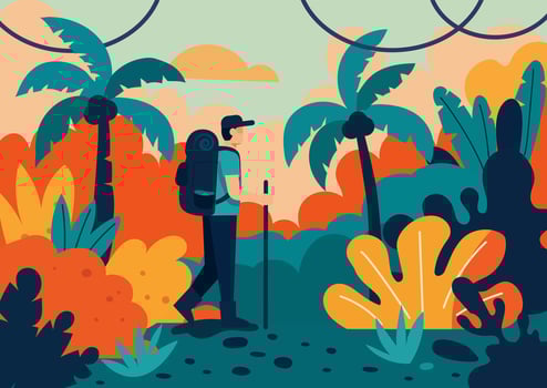 A tourist walks through an abstract stylized jungle vector