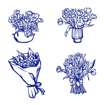 Hand drawn tulips bouquets set. Flowers in vases. Sketch style illustration for card, invitation, social media design vector