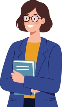 Young woman wearing glasses holding books in blue jacket and yellow top smiling illustration vector