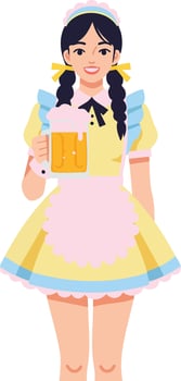 Young woman in maid costume holding mug of beer smiling cheerful illustration vector