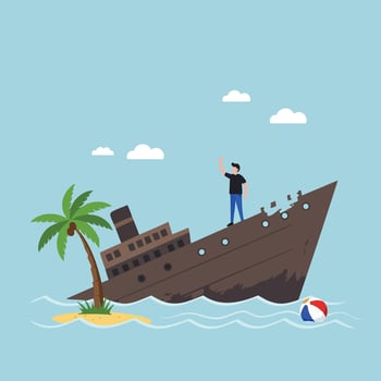 Shipwrecked man standing on rusted sunken ship near small island with palm tree and beach ball illustration vector