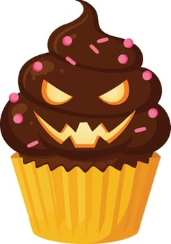 Halloween cupcake with spooky chocolate frosting and pink sprinkles in yellow paper cup illustration vector