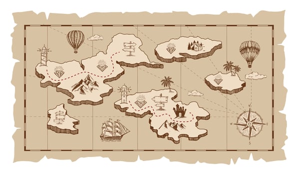 Vintage treasure map illustration with a compass, and an island vector
