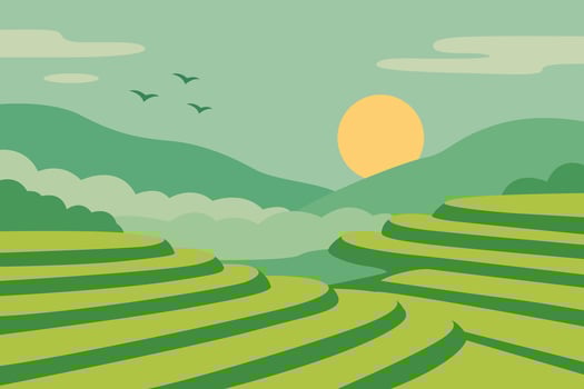 Serene Landscape with Rolling Green Hills and Sunset Sky Background vector