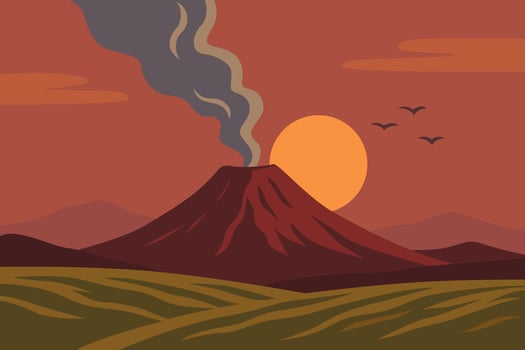 Erupting Volcano Landscape at Sunset with Smoke and Birds in Sky vector