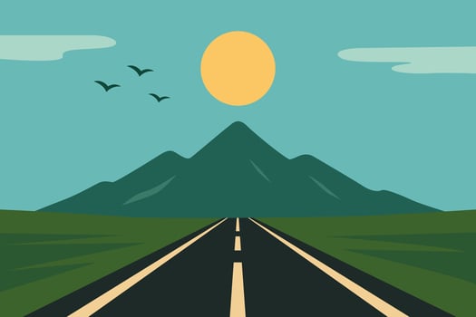 Scenic Road Leading to Majestic Mountain Under Bright Sunlight vector