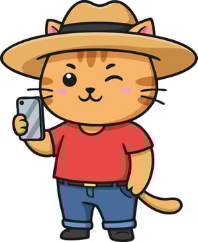 Cute cat character wearing hat and red shirt taking selfie with smartphone illustration vector