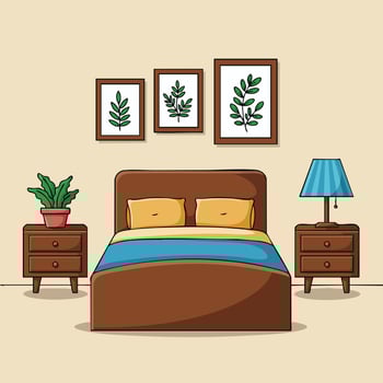 Bedroom interior with wooden bed, bedside tables, blue lamp, green plants, and framed leaf artwork in cozy home setting vector