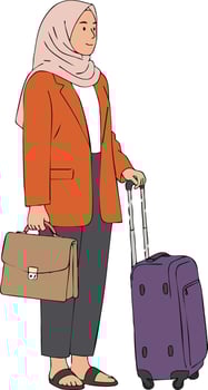 Woman wearing hijab with purple suitcase and brown briefcase standing in travel outfit illustration vector