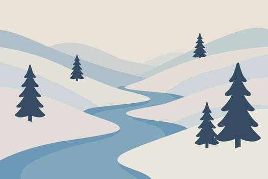 Serene Winter Landscape with Trees and Flowing River Illustration vector