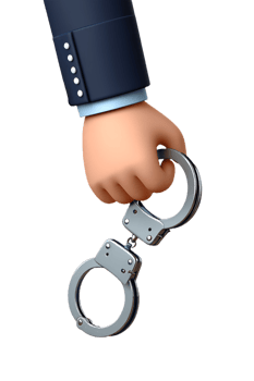 Hand holding metal handcuffs 3d isolated, law enforcement arrest symbol with reflective surfaces png