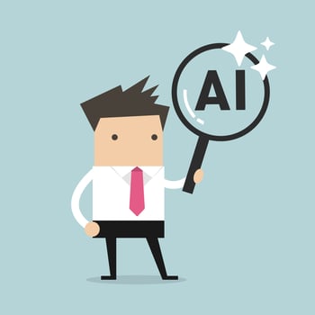 Businessman examining artificial intelligence concept with a magnifying glass in cartoon illustration. vector