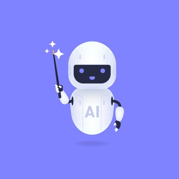 Innovative Artificial Intelligence robot holding a magic wand against purple background cartoon illustration. vector