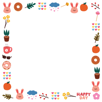 cute frame with cartoon bunny with dessert and plant doodle. cute object, frame border with transparent background png