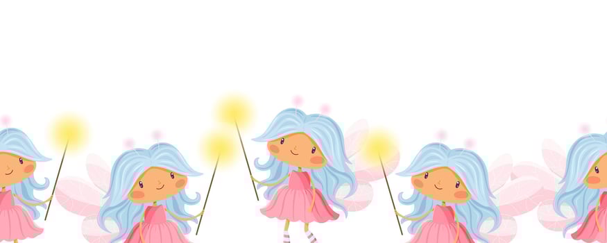 Seamless border with cute fairies, magic wands and crystals vector