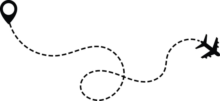 Airplane line path icon set. air plane route dash line route with location pin. plane symbols. map pin icon vector