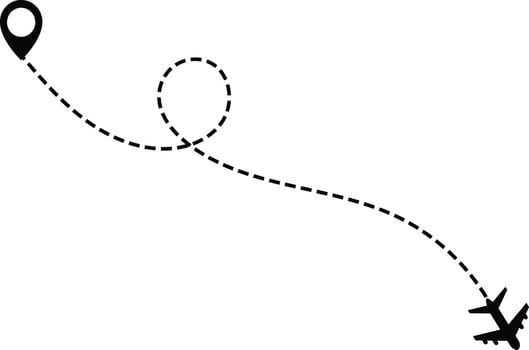 airplane with dotted flight path. dotted line airplane path . flight route with start point. travel and navigation designs. flying plane with twisted. curved and straight dashed vector