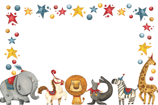 Rectangular frame with circus animals surrounded by stars and balls png