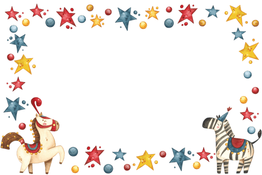 Rectangular frame with circus horse and zebra surrounded by stars and balls png