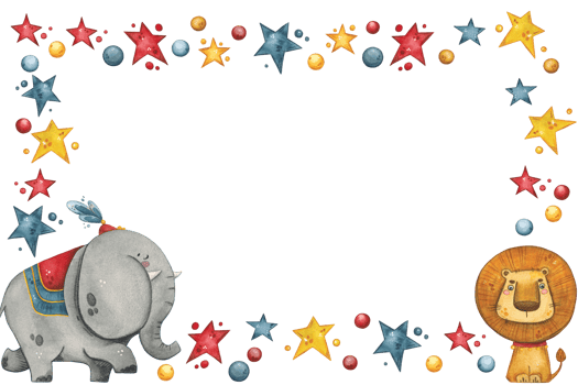 Rectangular frame with a circus lion and elephant surrounded by stars and balls png