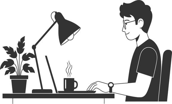 A man is working on his laptop at his desk vector