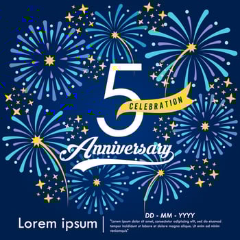 5th years anniversary celebration emblem. congratulations anniversary logo isolated with yellow ribbon and fireworks sparkle on blue background. illustration template design for web banner vector