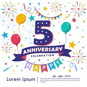 5th years anniversary celebration emblem. congratulations anniversary logo isolated with balloons, bunting flag, ribbon, fireworks and stars. illustration template design vector