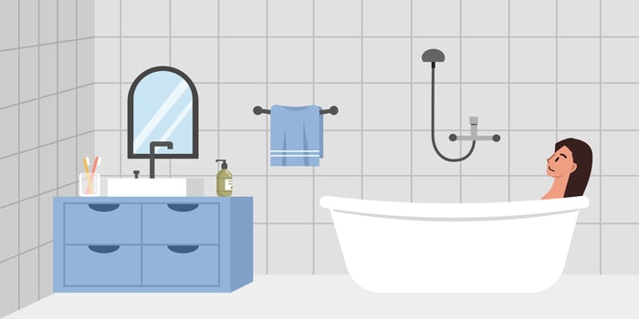 Girl showering on the bathtub. Bath time. Woman take a shower. Blue bathroom. Bathroom architecture vector
