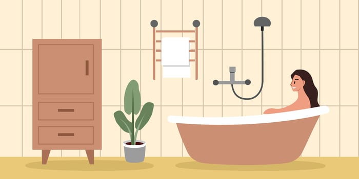 Young people take a shower. Teenager take a bath. Modern bathroom. House bathroom. Bathtub shower. vector
