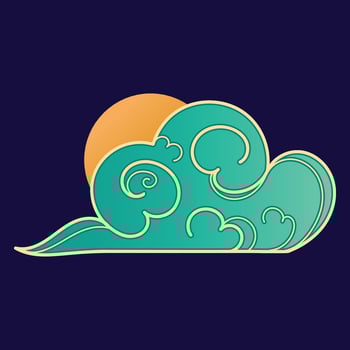 Japanese and Chinese Creative Cloud With Hand Drawn Swirls and Wavy Outlines Isolated on Dark Blue Background. Sky with blue clouds and sun. Abstract cloud icon in oriental style. vector