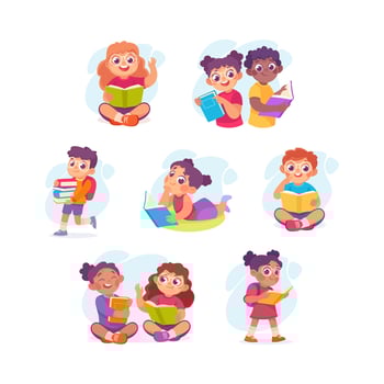 Pretty Boy and Girl Reading Book Engaged in Recreation Activity Illustration Set vector
