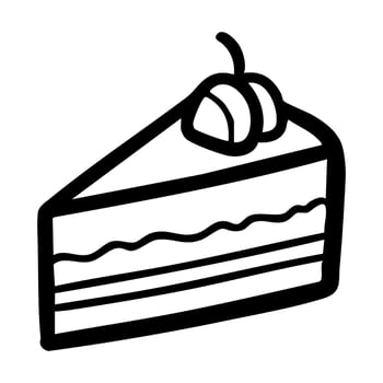 A black and white drawing of a slice of cake with two cherries on top hand drawing illustration vector