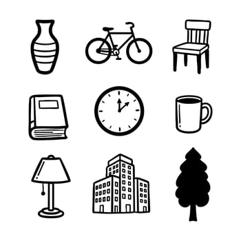 Nine black and white illustrations of everyday objects and structures hand drawing illustration vector