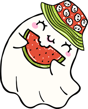 Cute Spooky Summerween ghost having watermelon Halloween Summer cartoon hand drawn doodle png