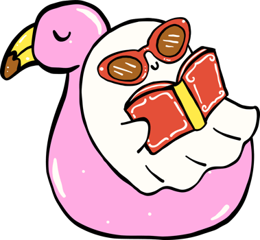 Cute Spooky Summerween ghost reading book on flamingo floaty Halloween Summer cartoon hand drawn doodle png