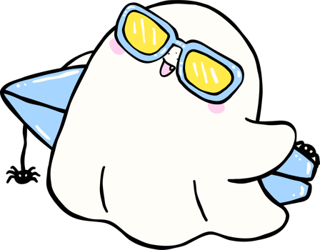 Cute Spooky Summerween ghost with blue surfboard Halloween Summer cartoon hand drawn doodle png