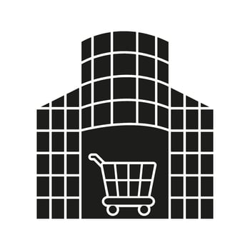 Shopping Mall With Cart Solid Icon. Retail Center, Consumer Shopping, And Commercial Complex Silhouette Symbol. E-Commerce And Retail Industry. Isolated Illustration vector