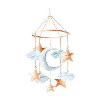Watercolor baby cradle Mobile with moon, clouds and stars. Hand drawn illustration in pastel colors of kids hanging toy. For greeting cards, gender reveal party or baby shower invitations. png