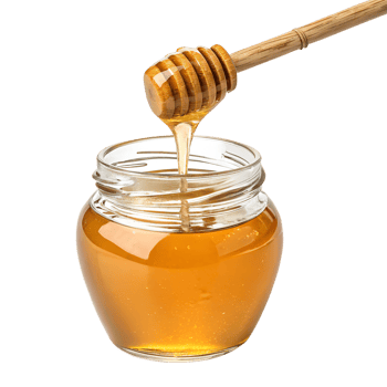 Golden honey drips from a dipper into a glass jar against a transparent background. png