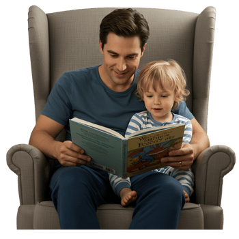 Father son reading time with book and family bonding png