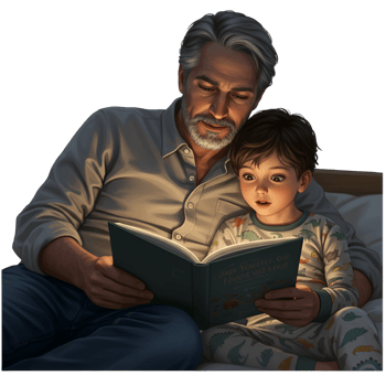 Father and son bonding time with reading book together png